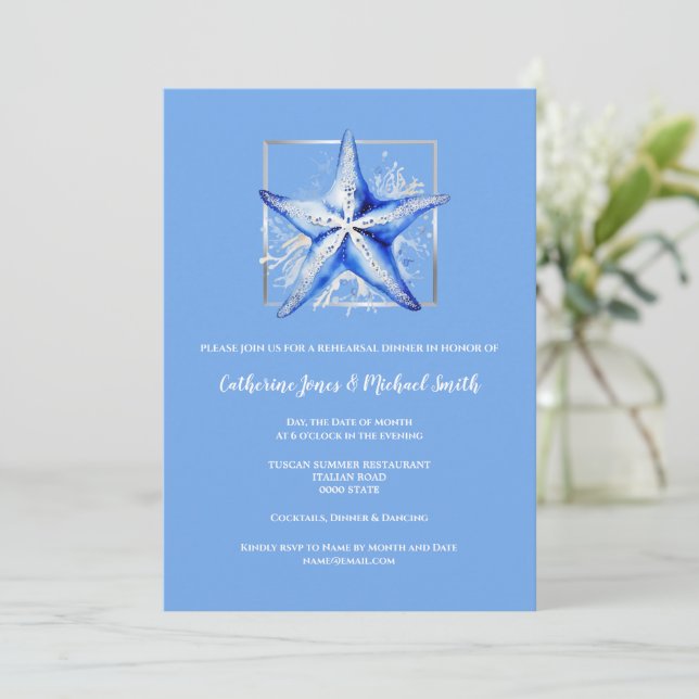 Invitación Noche Starfish beach de bodas de plata blanca azul (Anverso de pie)