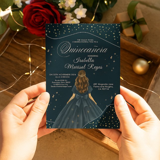 Invitación Noche Starry Elegant Blue Gown Quinceañera (Subido por el creador)