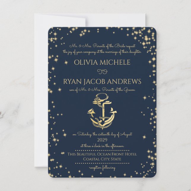 Invitación Noche Starry Nautical Anchor Beach Wedding (Anverso)