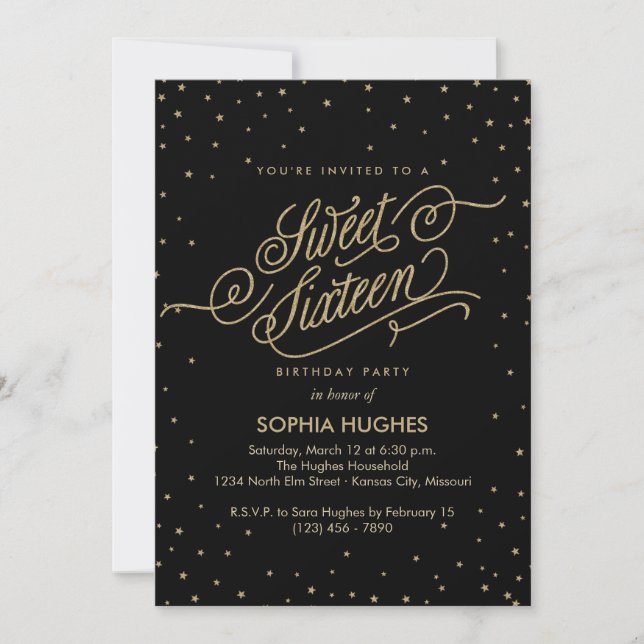 Invitación Noche Stars Gold & Black Sweet Dieciséis Fiestas (Anverso)