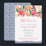 Invitación Noche Tropical 50 Y Fabulosa Fiesta de Cumpleaños<br><div class="desc">Celebre este cumpleaños histórico con este diseño femenino y llamativo de invitación con flores de acuarela rosadas vibrantes y detalles audaces de cítricos ,  complementados con azulejos azules y blancos oscuros en base a la invitación delantera,  y al revés.</div>