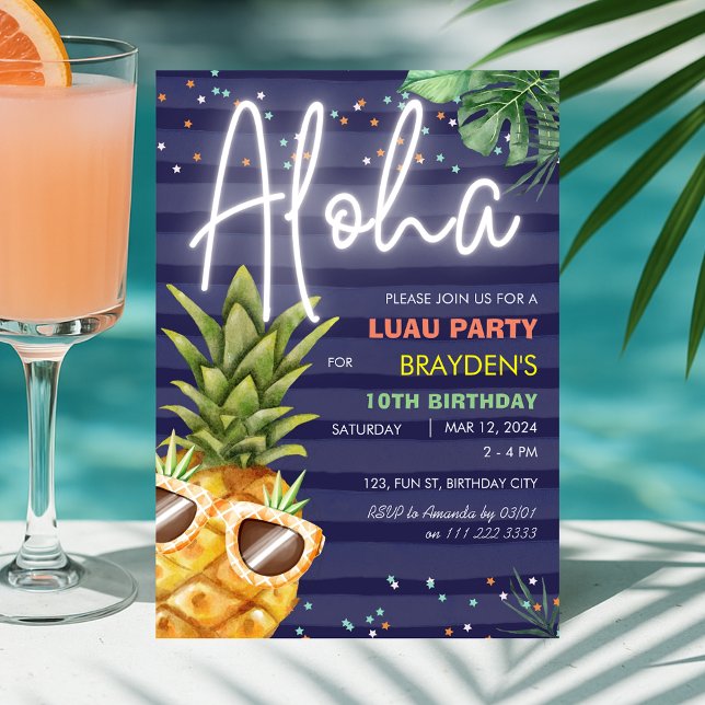 Invitación Noche tropical Luau Pineapple Beach Boy Blue Birda (Tropical Luau Pineapple Beach Boy Blue Birthday Invitation)