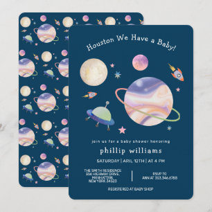 Invitación Noche Verde Galaxia Espacio Luna Estrella Baby Sho