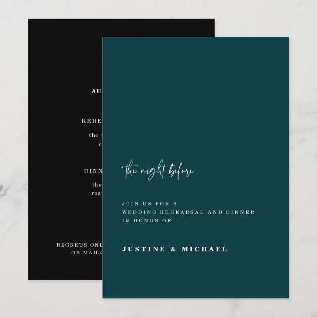 Invitación Noche verde oscuro mínima antes del ensayo Boda (Anverso / Reverso)