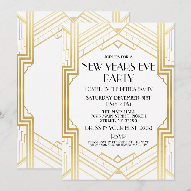Invitación Noche Vieja los años 20 invitan al oro del fiesta (Anverso / Reverso)