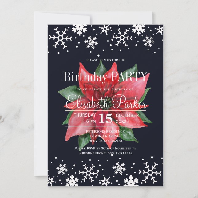 Invitación Nochebuena de Poinsettia fiesta de cumpleaños azul (Anverso)