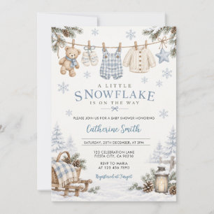 Invitación Nochebuena Línea de ropa de copo de nieve azul Bab