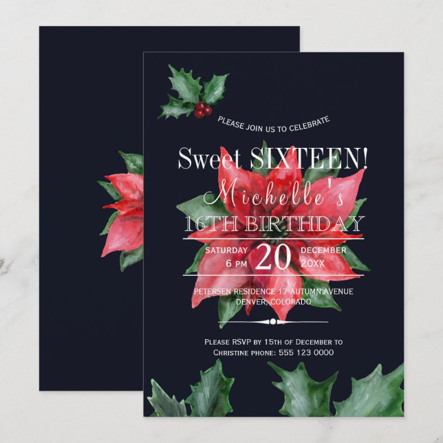 Invitación Nochebuena rojo azul oscuro verde dulces dieciséis (Anverso / Reverso)