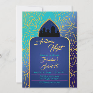 Invitación Noches árabes azules y doradas Cumpleaños marroquí