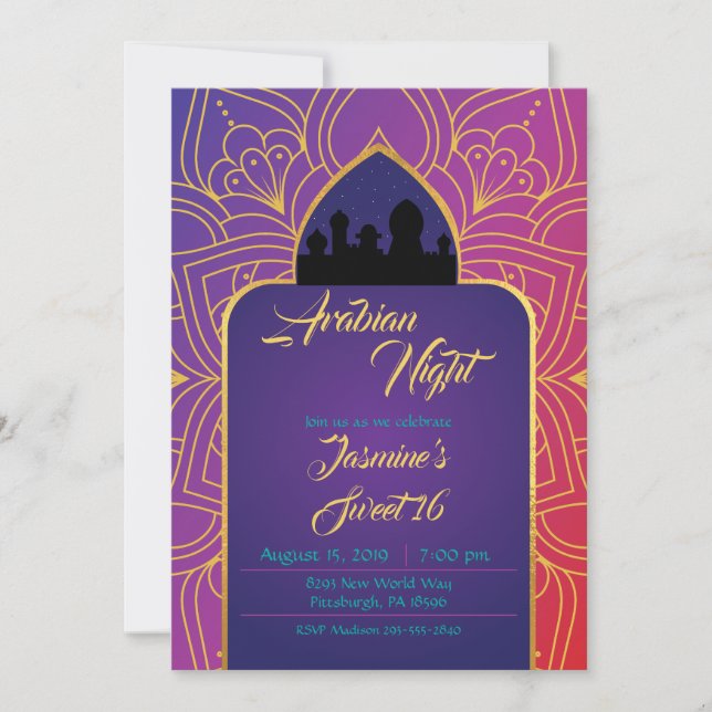 Invitación Noches árabes de oro rosado morado Cumpleaños marr (Anverso)