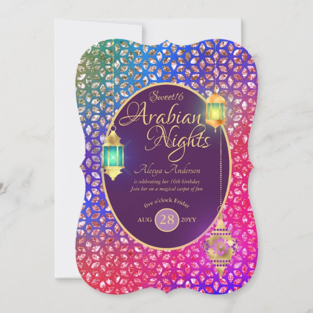 Invitación Noches árabes dulces 16 Quinceanera CUALQUIER Fies (Anverso)