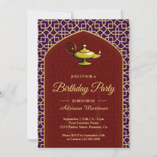 Invitación Noches Árabes Lámpara Mágica Cumpleaños Rojo Púrpu