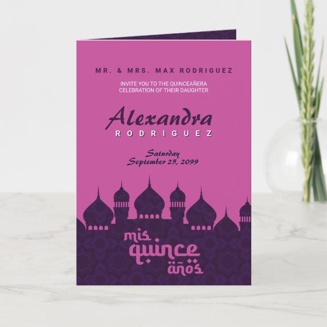 Invitación Noches árabes moradas y calientes Quinceañera (Anverso)