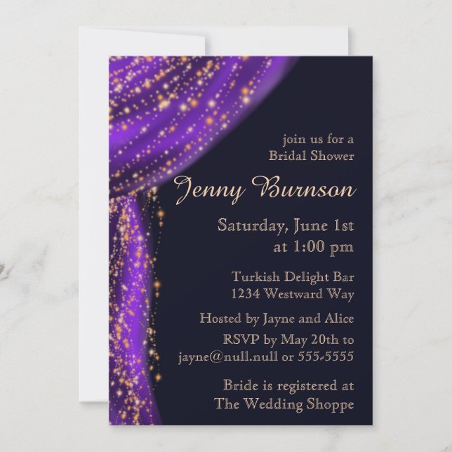 Invitación Noches árabes Morado y Ducha de Novias de Oro (Anverso)
