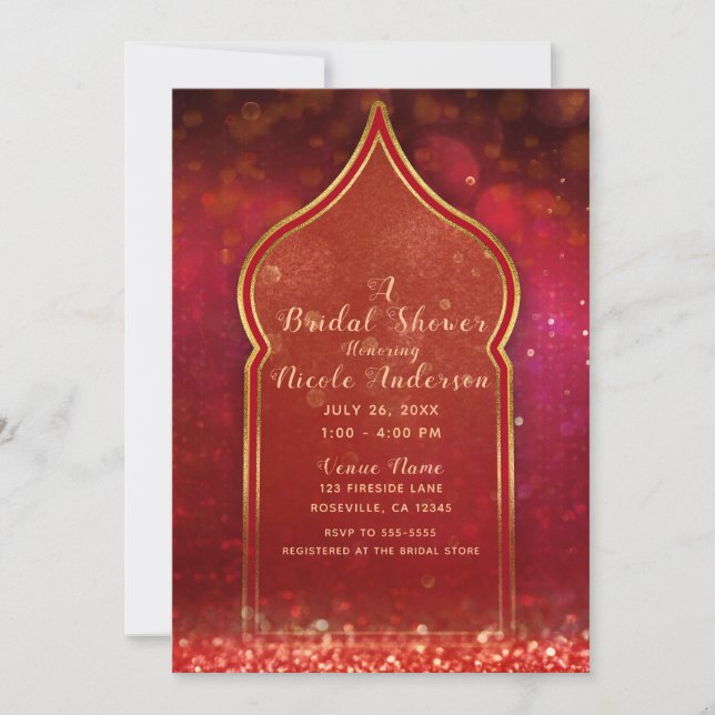 Invitación Noches árabes rojas y doradas ducha de novias (Anverso)