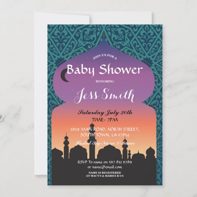 Invitación Noches de Fiesta de Baby Shower árabes invitan a m (Anverso)