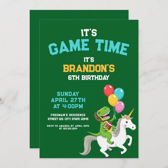 Invitación Noches de fútbol de Unicornio y Dinosaurio Verde (Anverso / Reverso)