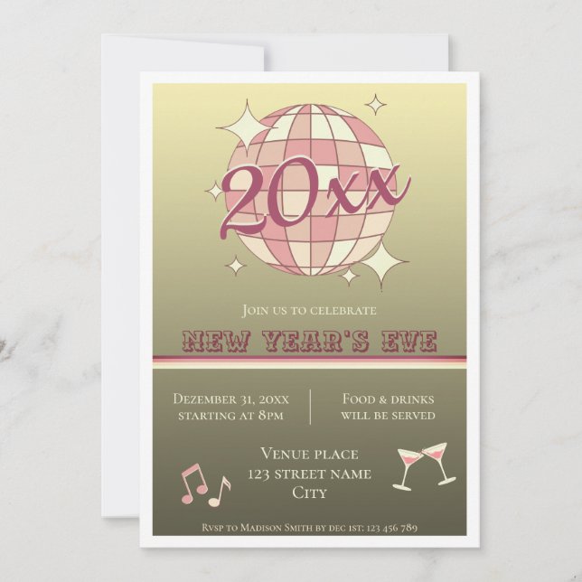 Invitación Nochevieja 2025 fiesta de diversión de oro rosa In (Anverso)
