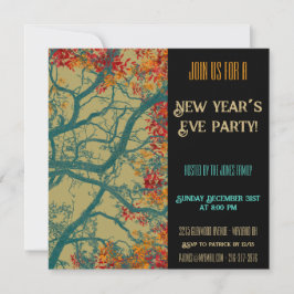 Invitación Nochevieja árbol verde hojas rojas