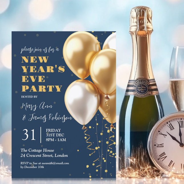 Invitación Nochevieja Armada de Globos de Confetti de Oro (New Years Eve Gold Confetti Balloons Navy Invitation)