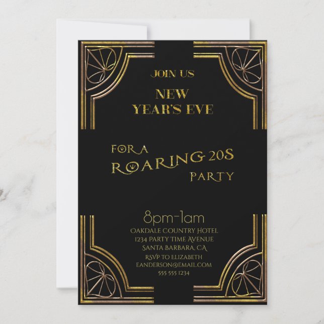 Invitación Nochevieja arrasó con Purpurina de oro negro de lo (Anverso)