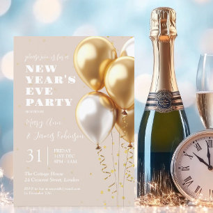 Invitación Nochevieja Bolos de Confetti de Oro Champagne