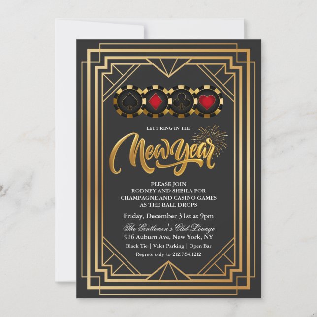 Invitación Nochevieja Casino Vegas Negro y Oro (Anverso)