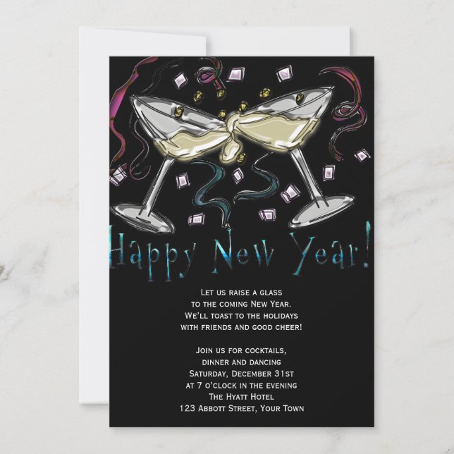 Invitación Nochevieja Champagne y Confetti (Anverso)