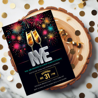 Invitación Nochevieja colorida fuegos artificiales Champagne