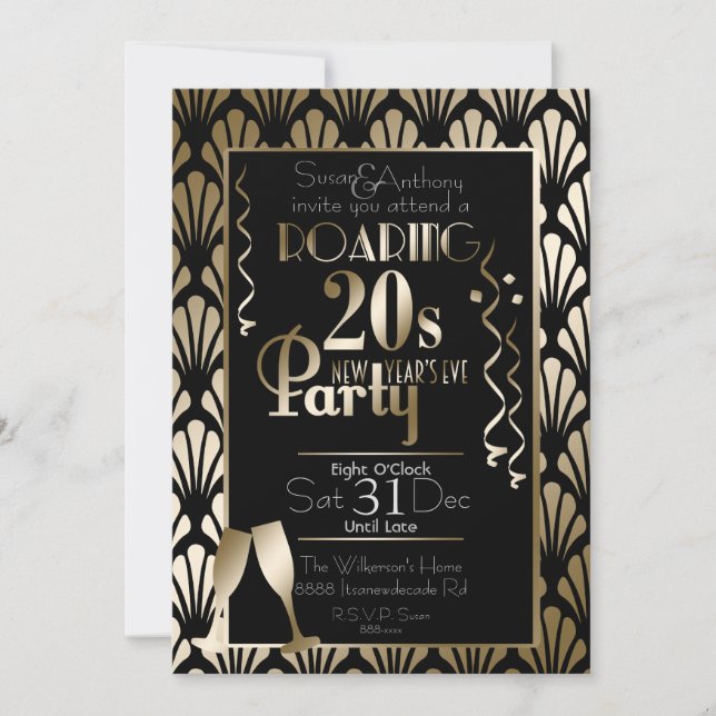 Invitación Nochevieja con el oro Art Deco de los años 20 (Anverso)