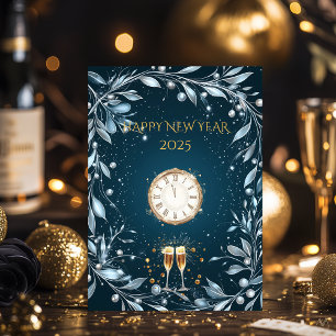 Invitación Nochevieja elegante con medianoche plateada y azul