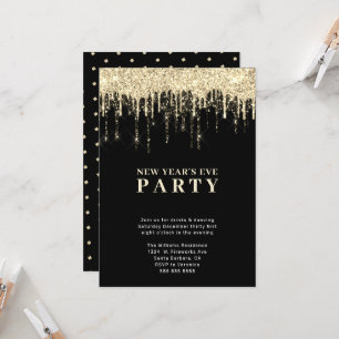 Invitación Nochevieja elegante Purpurina de oro negro gotea