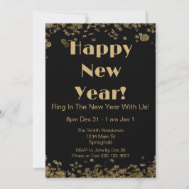 Invitación Nochevieja elegante Purpurina de oro y negro