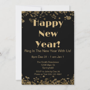 Invitación Nochevieja elegante Purpurina de oro y negro