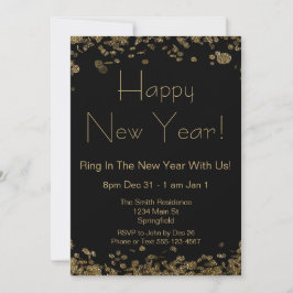 Invitación Nochevieja elegante Purpurina negro y oro