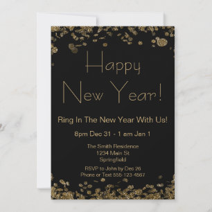 Invitación Nochevieja elegante Purpurina negro y oro