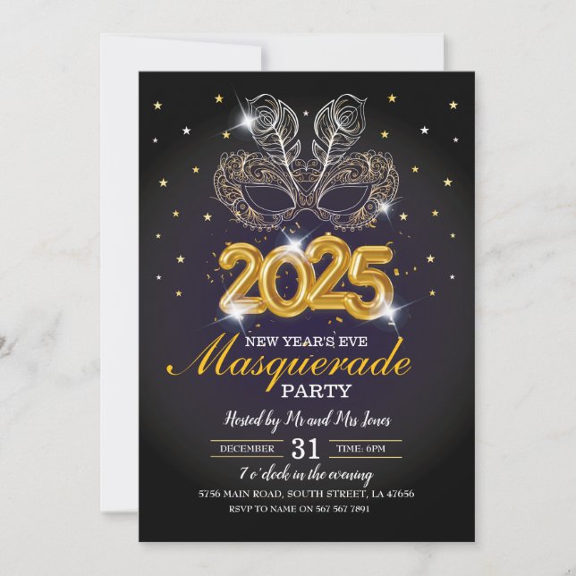 Invitación Nochevieja enmascarada Fiesta Oro Negro (Anverso)