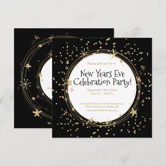 Invitación Nochevieja, estrellas, oro negro, Fiesta (Anverso / Reverso)