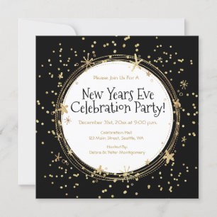 Invitación Nochevieja, estrellas, oro negro, Fiesta