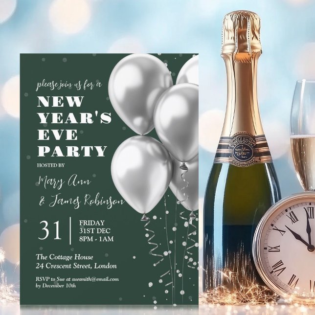 Invitación Nochevieja Eve Silver Confetti Globos Esmeralda (New Years Eve Silver Confetti Balloons Emerald Invitation)