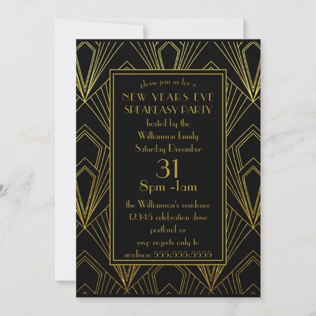 Invitación Nochevieja Fiesta Black Gold Art Deco (Anverso)