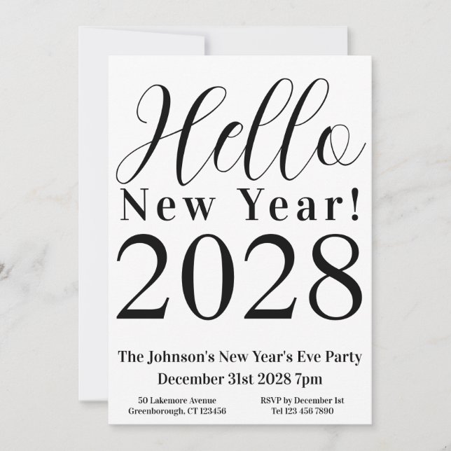 Invitación Nochevieja Fiesta blanco y negro (Anverso)