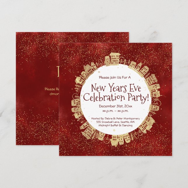 Invitación Nochevieja, Fiesta de la celebración, rojo, oro, (Anverso / Reverso)