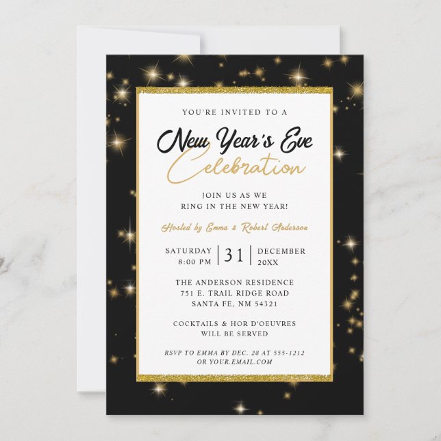 Invitación Nochevieja Fiesta de la Nochevieja Black and Gold  (Anverso)