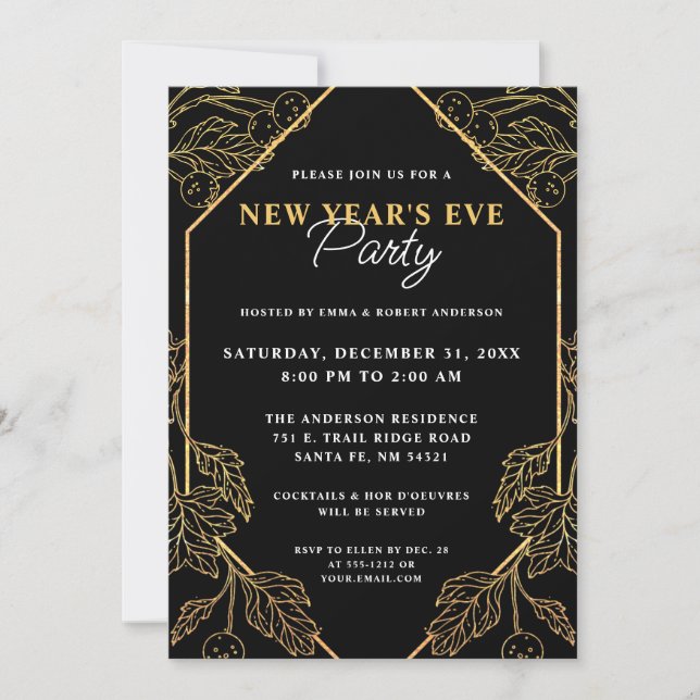 Invitación Nochevieja Fiesta de oro moderno y vacaciones negr (Anverso)