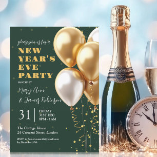 Invitación Nochevieja Fiesta Globos de Confetti de oro Verde