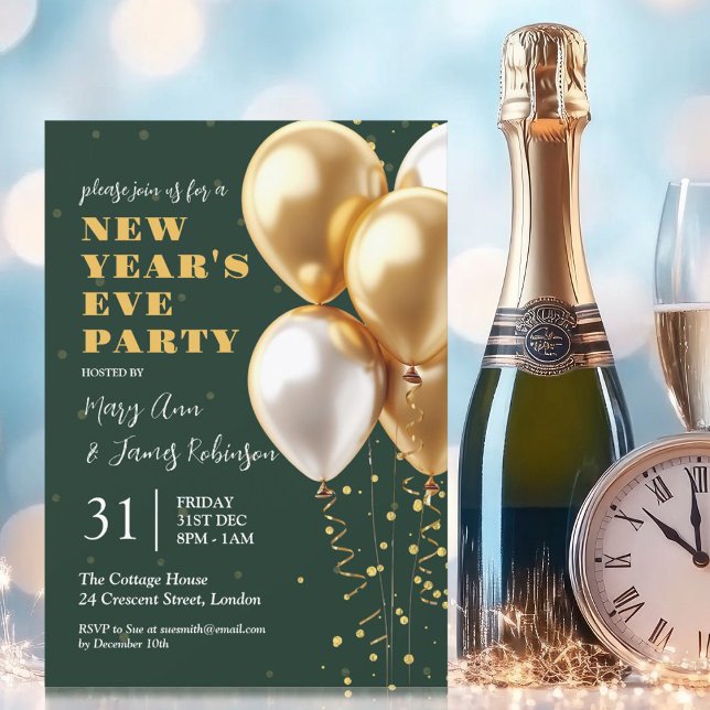 Invitación Nochevieja Fiesta Globos de Confetti de oro Verde (New Years Eve Party Gold Confetti Balloons Green Invitation)