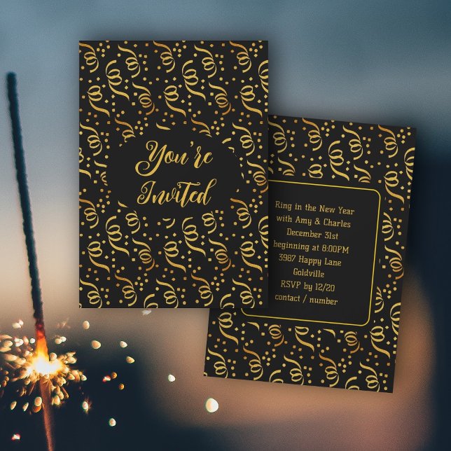 Invitación Nochevieja Fiesta Negro y Confetti de oro (Subido por el creador)