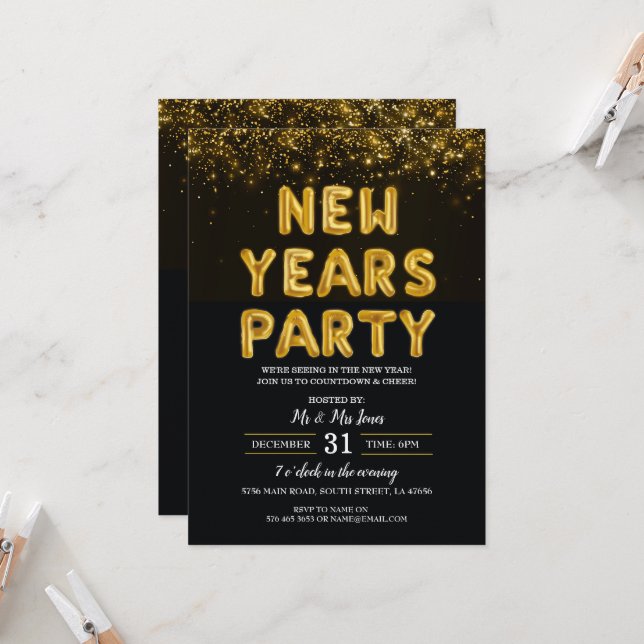 Invitación Nochevieja Fiesta negro y oro (Anverso/Reverso In Situ)