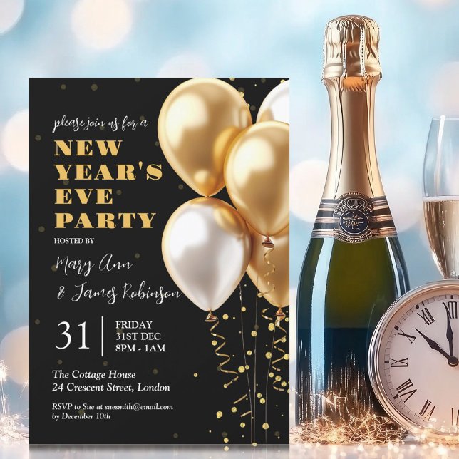 Invitación Nochevieja Fiesta Oro Confetti Globos Negro (New Years Eve Party Gold Confetti Balloons Black Invitation)